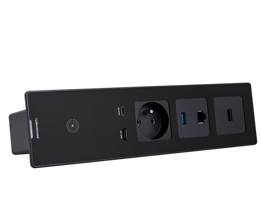 Flat L with 1 socket, 2 modules, integrated USB-C/A charging and wireless charging Qi